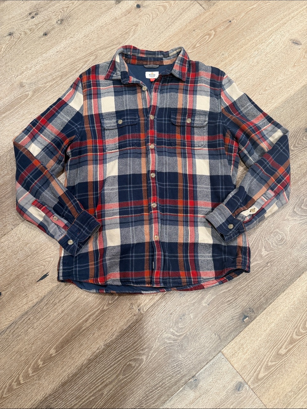 Marine Layer Navy Red Cream Plaid Lightweight Shirt Jacket